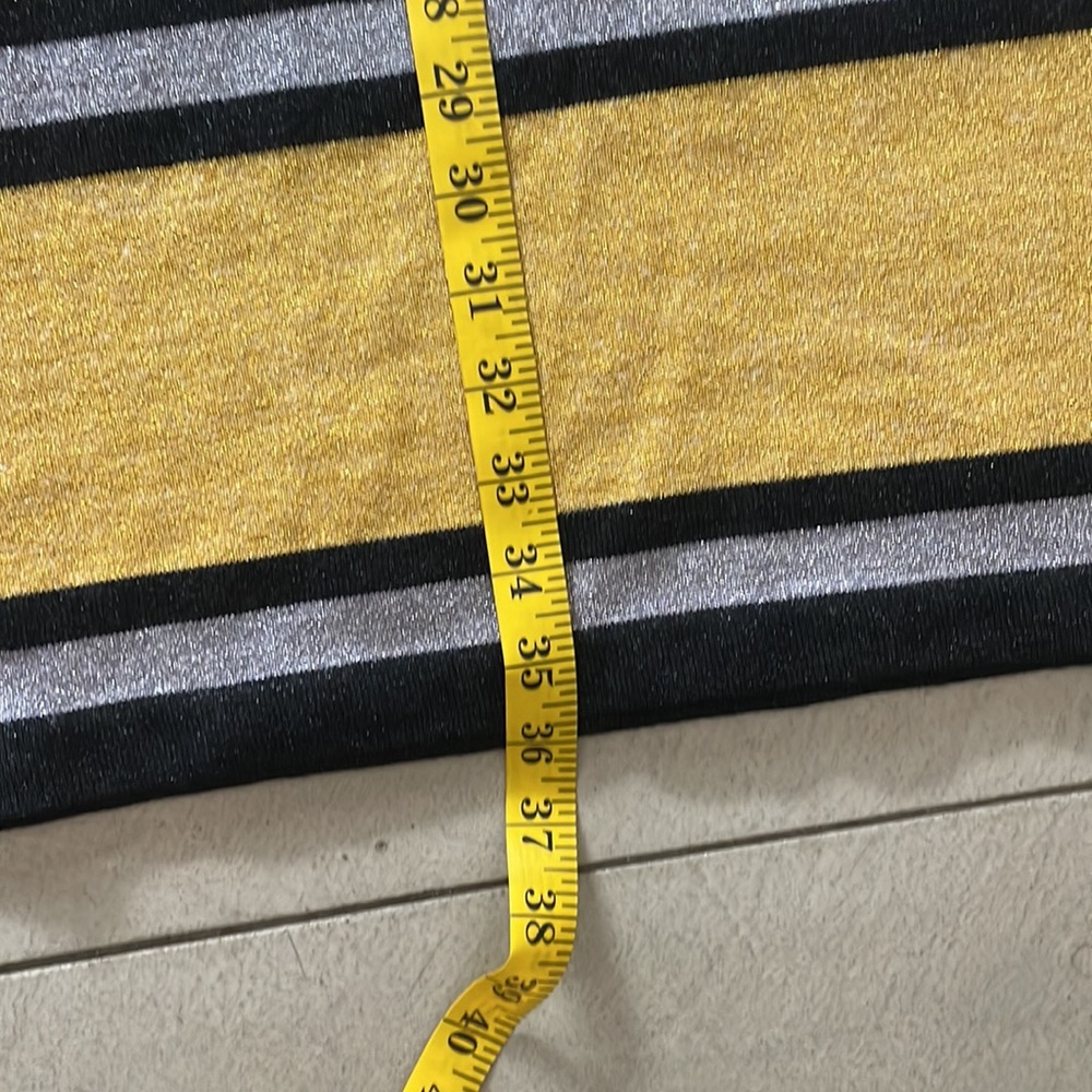 Striped Metallic Knit Off-Shoulder Dress in Yellow & Silver - Picture 6 of 10